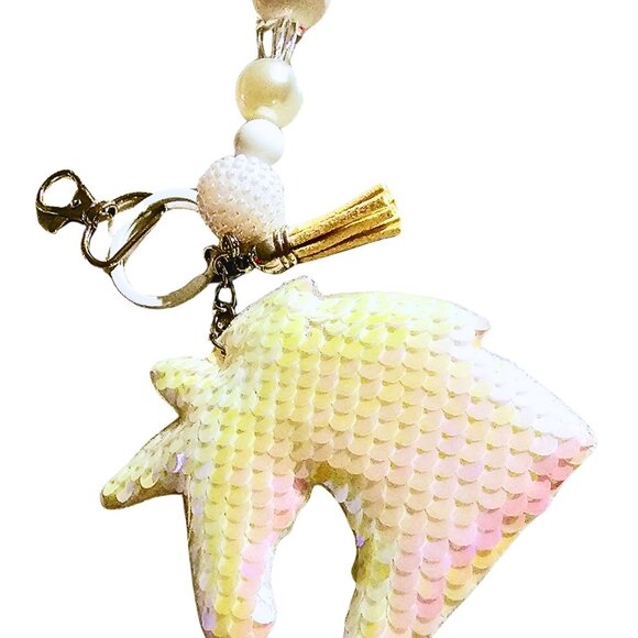 White Iridescent Unicorn Keychain White Tassel & Pearl Beads, Cute Sparkly Charm - Picture 1 of 1